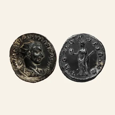 Obverse, of the antoninianus, for PHILIP I. AR Antoninianus (3.85 gm). Hybrid with Gordian III reverse. Rare., mint of...