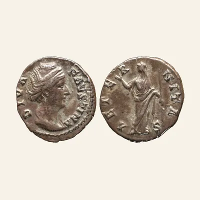 Diva Faustina I. (Died 141 AD). Silver denarius (2.91g). Rome.