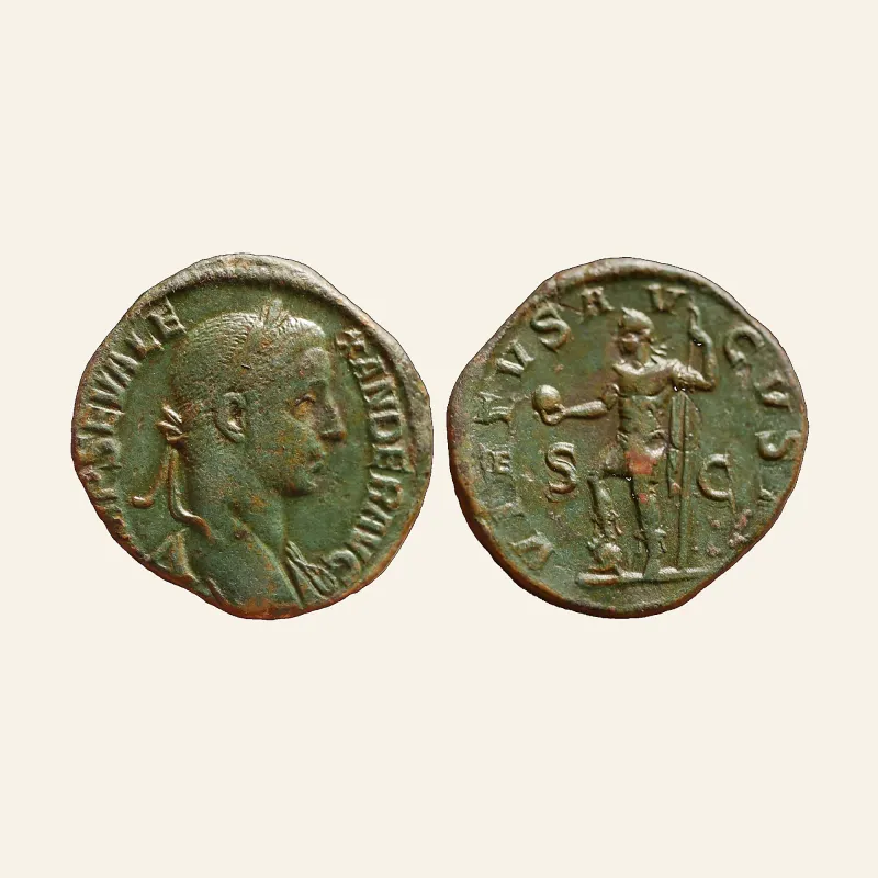 Obverse, of the sestertius, for Severus Alexander Æ Sestertius. Rome, AD 222-231. VIRTVS AVGVSTI, mint of Rome, 222-231