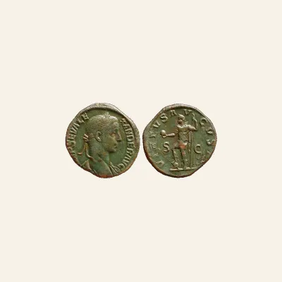 Reverse, of the sestertius, for Severus Alexander Æ Sestertius. Rome, AD 222-231. VIRTVS AVGVSTI, mint of Rome, 222-231