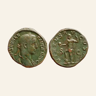 Reverse, of the sestertius, for Severus Alexander Æ Sestertius. Rome, AD 222-231. VIRTVS AVGVSTI, mint of Rome, 222-231