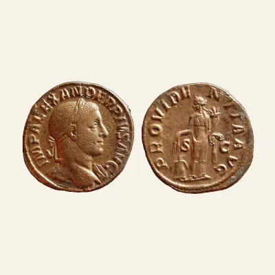 Obverse, of the sestertius, for Severus Alexander, 222–235 Æ Sestertius 231-235, 222–235