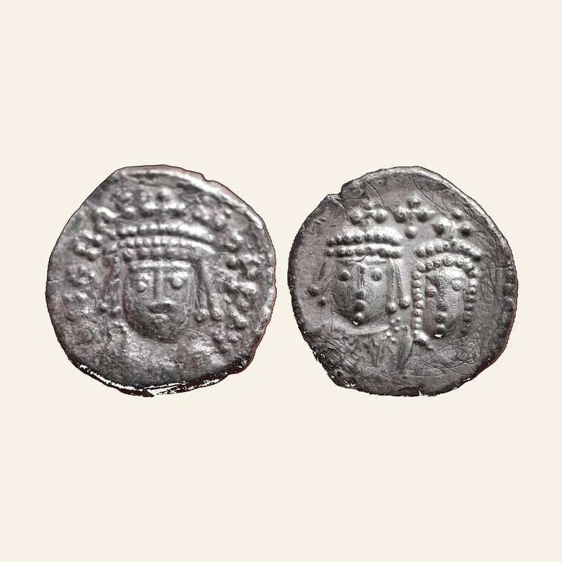 Heraclius, with Heraclius Constantine, 610-641. Half Siliqua (Silver, 13 mm, 0.79 g,), Carthage.