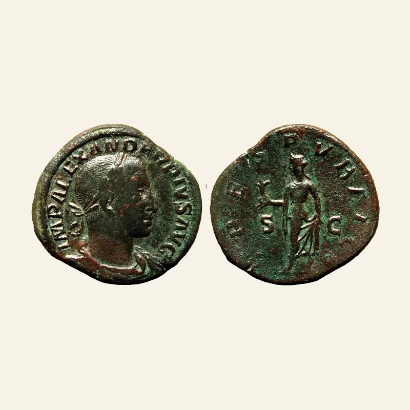 Obverse, of the sestertius, for SEVERUS ALEXANDER, 222-235 Sestertius, 232. AE 24.06 g. 31 mm, 222-235