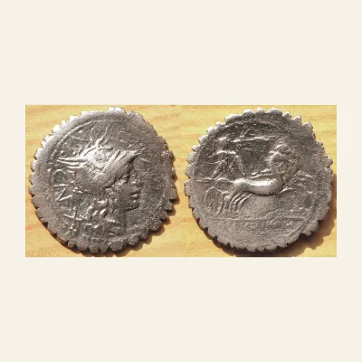 L. Pomponius Cn. f. (ca. 118 BC) with L. Licinius and Cn. Domitius as duoviri. AR Denarius serratus