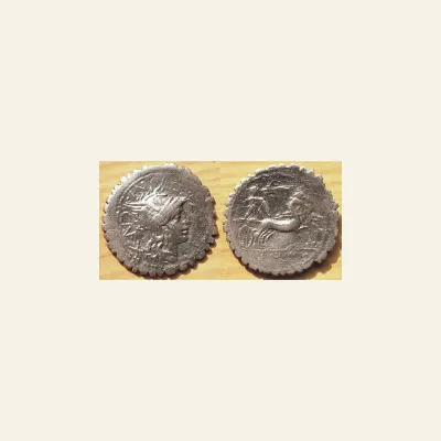 L. Pomponius Cn. f. (ca. 118 BC) with L. Licinius and Cn. Domitius as duoviri. AR Denarius serratus