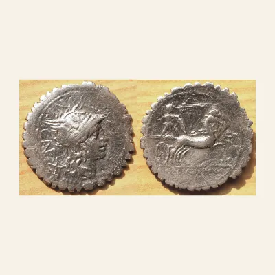 L. Pomponius Cn. f. (ca. 118 BC) with L. Licinius and Cn. Domitius as duoviri. AR Denarius serratus