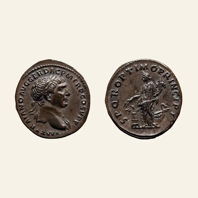 Obverse, of the denarius, for Trajan augustus, 98–117 Denarius circa 107, AR 3.30 g., 98–117