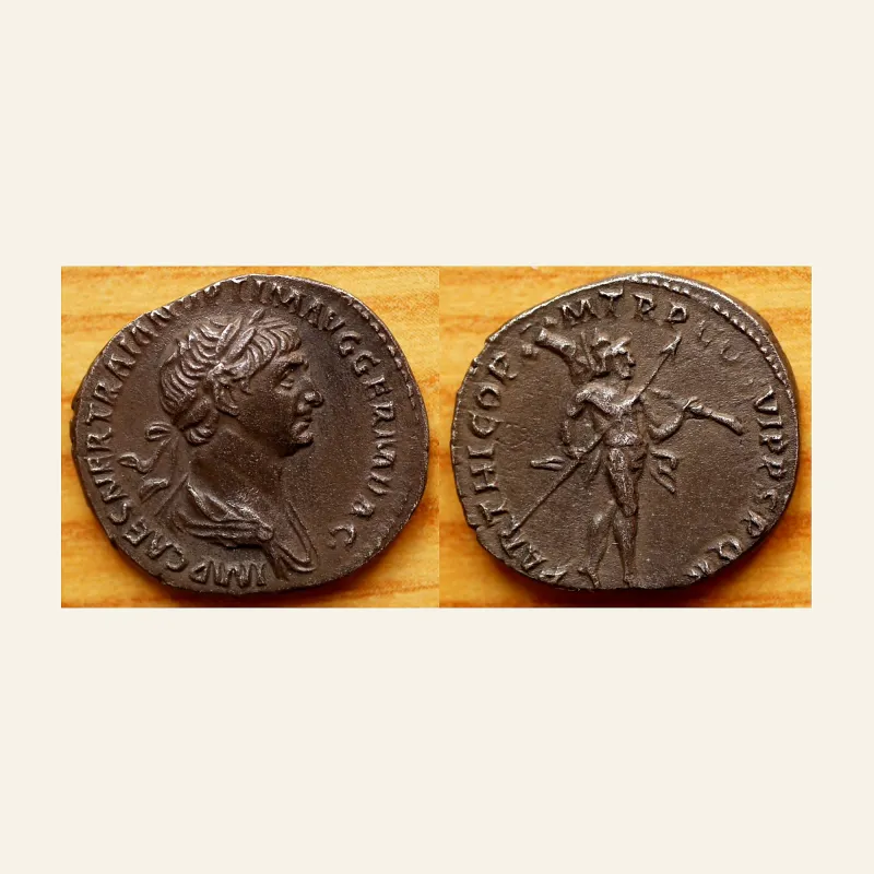 Obverse, of the denarius, for Trajan AR Denarius. Rome, AD 116-117., mint of Rome, 116-117