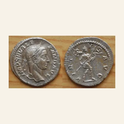 Obverse, of the denarius, for Severus Alexander, 222-235. AR Denarius, Rome, 228., mint of Rome, 222-235