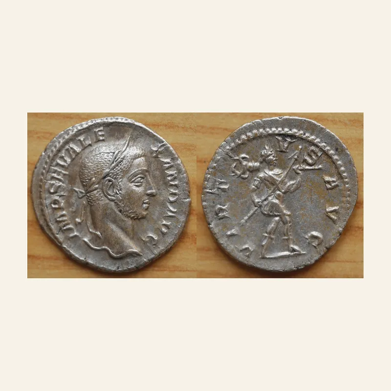 Obverse, of the denarius, for Severus Alexander, 222-235. AR Denarius, Rome, 228., mint of Rome, 222-235