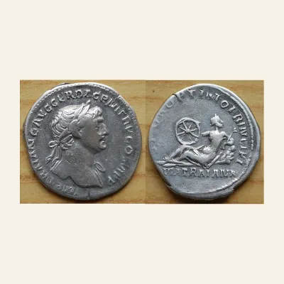 Obverse, of the denarius, for Trajan. AD 98-117. AR Denarius (19mm, 2.96 g). Rome mint. Struck circa AD 112-113., mint of...
