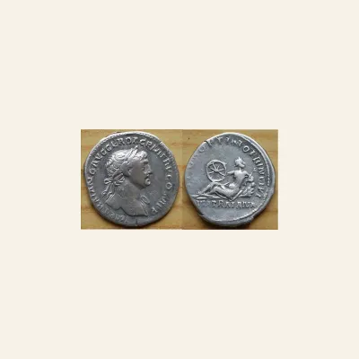 Reverse, of the denarius, for Trajan. AD 98-117. AR Denarius (19mm, 2.96 g). Rome mint. Struck circa AD 112-113., mint of...