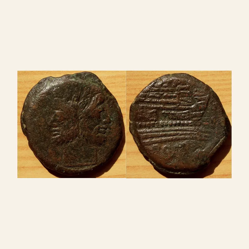 Obverse, of the as, for Republic Ae as : Head of Janus / Prow, mint of Rome