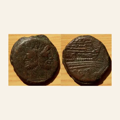Reverse, of the as, for Republic Ae as : Head of Janus / Prow, mint of Rome