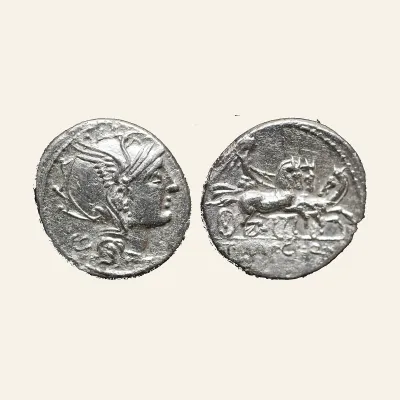 Avers, du denarius, pour T. Manlius Mancinus, Appius Claudius Pulcher & Q. Urbinius. Denarius, 3.92g . Rome, 111/110 BC....
