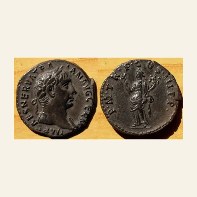 Reverse, of the denarius, for TRAJAN. 98-117 AD. AR Denarius (18mm - 3.48 g). Rome mint. Struck 100 AD., mint of Rome, 117 AD