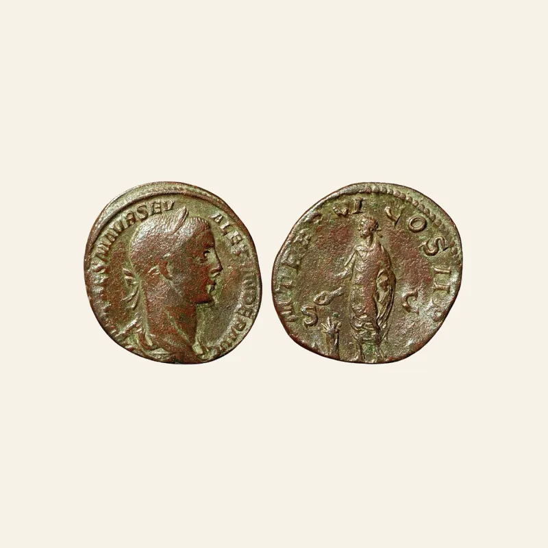 Obverse, of the sestertius, for Severus Alexander AD 222-235. AE Sestertius. Rome. Strike error., mint of Rome, 222-235