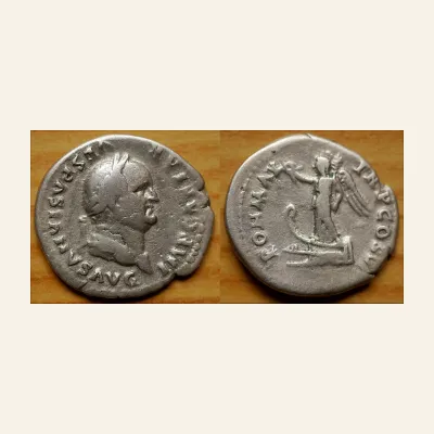 Avers, du denarius, pour Vespasian. AD 69-79. AR Denarius (20mm, 3.28 g)., atelier de Rome, 69-79, RIC RIC II