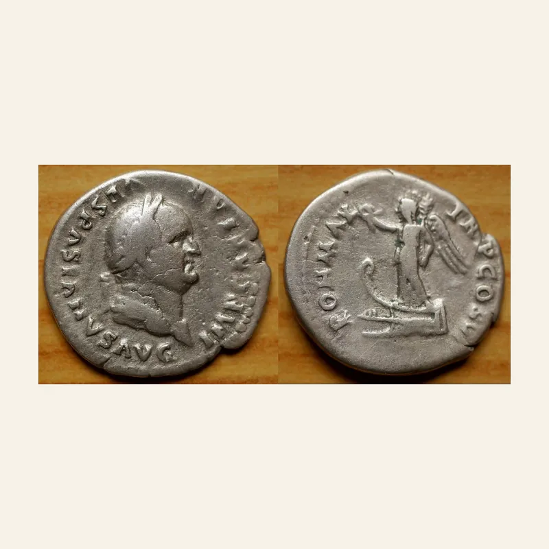 Obverse, of the denarius, for Vespasian. AD 69-79. AR Denarius (20mm, 3.28 g)., mint of Rome, 69-79