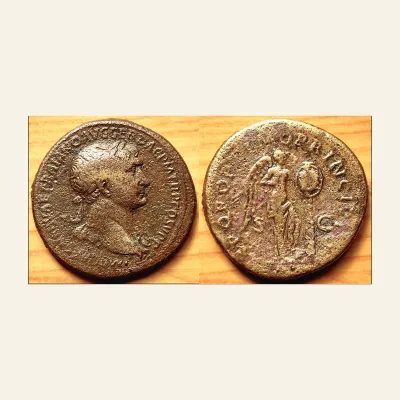 Avers, du sestertius, pour Trajan. 98-117. Sestertius (Orichalcum, 24.37g 33mm), Rome, 107., atelier de Rome, 98-117, RIC...
