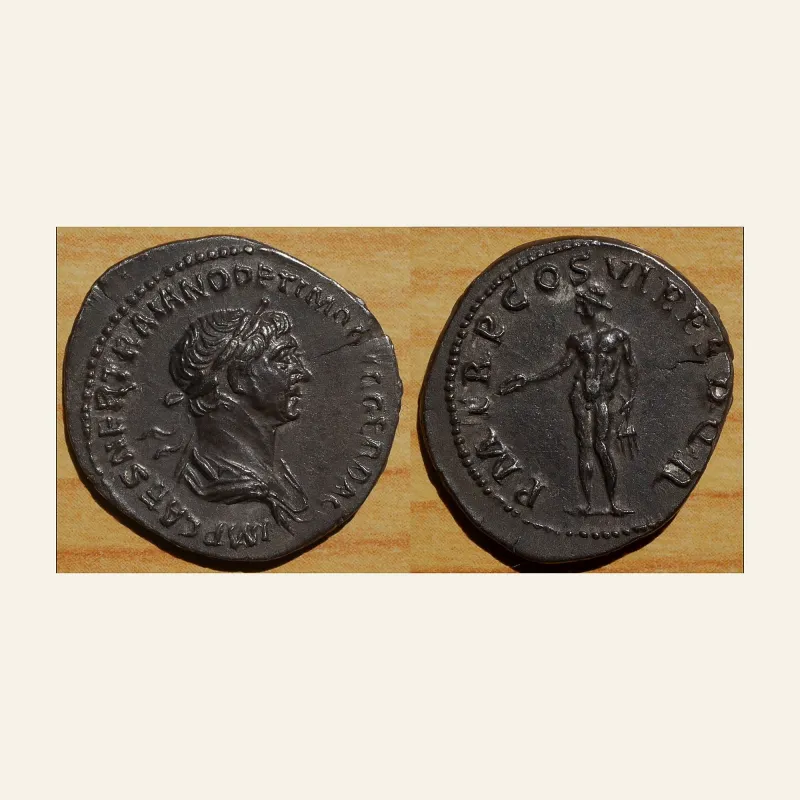 Obverse, of the denarius, for Trajan AR Denarius. Rome Mint 114-117 AD., mint of Rome, 117 AD