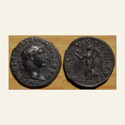 Reverse, of the denarius, for Trajan (AD 98-117). AR denarius (20mm, 3.20 gm, 6h). Rome, AD 101-102., mint of Rome, 98-117