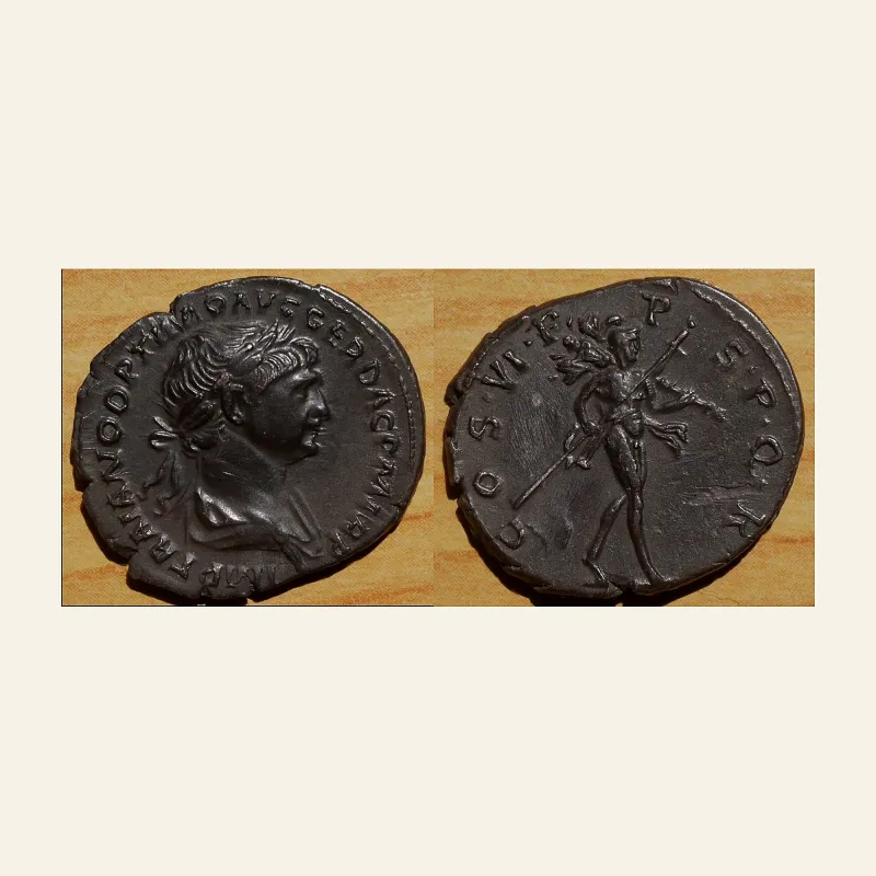 Obverse, of the denarius, for Trajan, 98-117. Denarius (Silver, 20 mm, 3.53 g, 7 h), Rome, 114., mint of Rome, 98-117