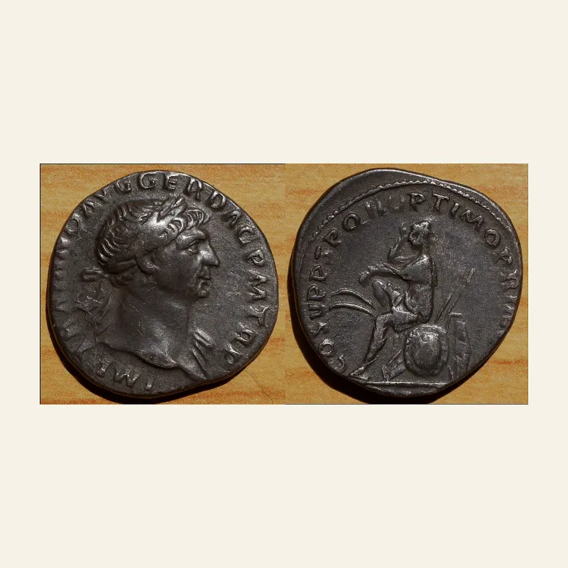 Obverse, of the denarius, for Trajan (AD 98-117). Silver denarius (3.18 gm). AD 103-111., 98-117