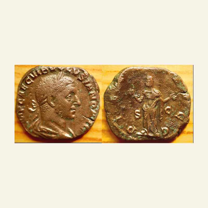 Obverse, of the sestertius, for VOLUSIAN (251-253). AE Sestertius. Rome. PIETAS, mint of Rome, 251-253