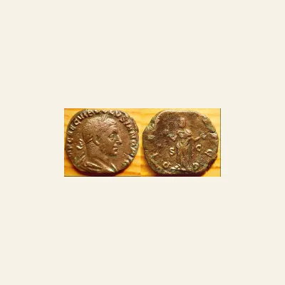 Reverse, of the sestertius, for VOLUSIAN (251-253). AE Sestertius. Rome. PIETAS, mint of Rome, 251-253