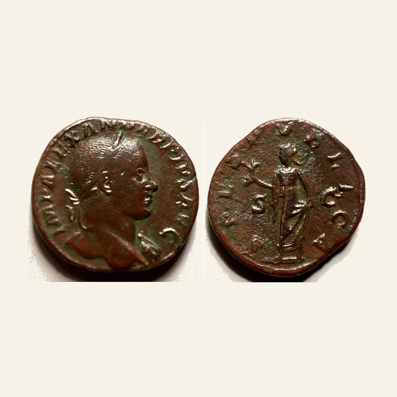 Obverse, of the sestertius, for SEVERUS ALEXANDER, 222-235 Sestertius, 232. AE 19.16 g., 222-235