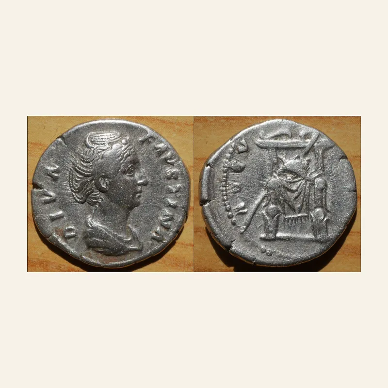 Diva Faustina I. Died 141 AD. Denarius, 3.36g . Rome.