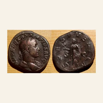 Obverse, of the sestertius, for SEVERUS ALEXANDER, 222-235 Sestertius, 232. AE 22.51 g., 222-235