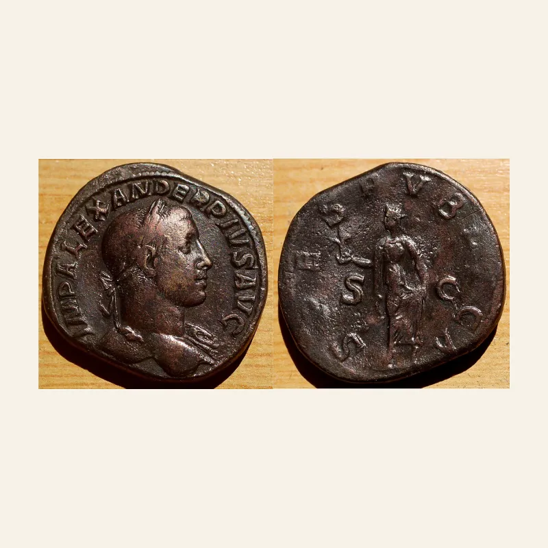 Obverse, of the sestertius, for SEVERUS ALEXANDER, 222-235 Sestertius, 232. AE 22.51 g., 222-235