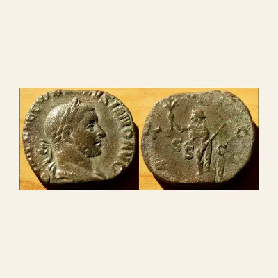 Obverse, of the sestertius, for Volusian (251-253), Sestertius, Rome, AD 251-253; Æ (g 14,48; mm 28), mint of Rome, 251-253
