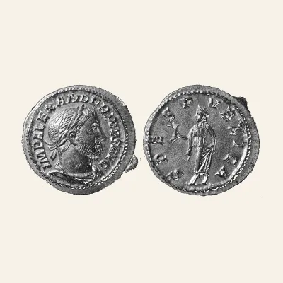 Obverse, of the denarius, for SEVERUS ALEXANDER. 222-235 AD. AR Denarius (3.90 gm, 20 mm ). Struck 232 AD. FDC, 235 AD