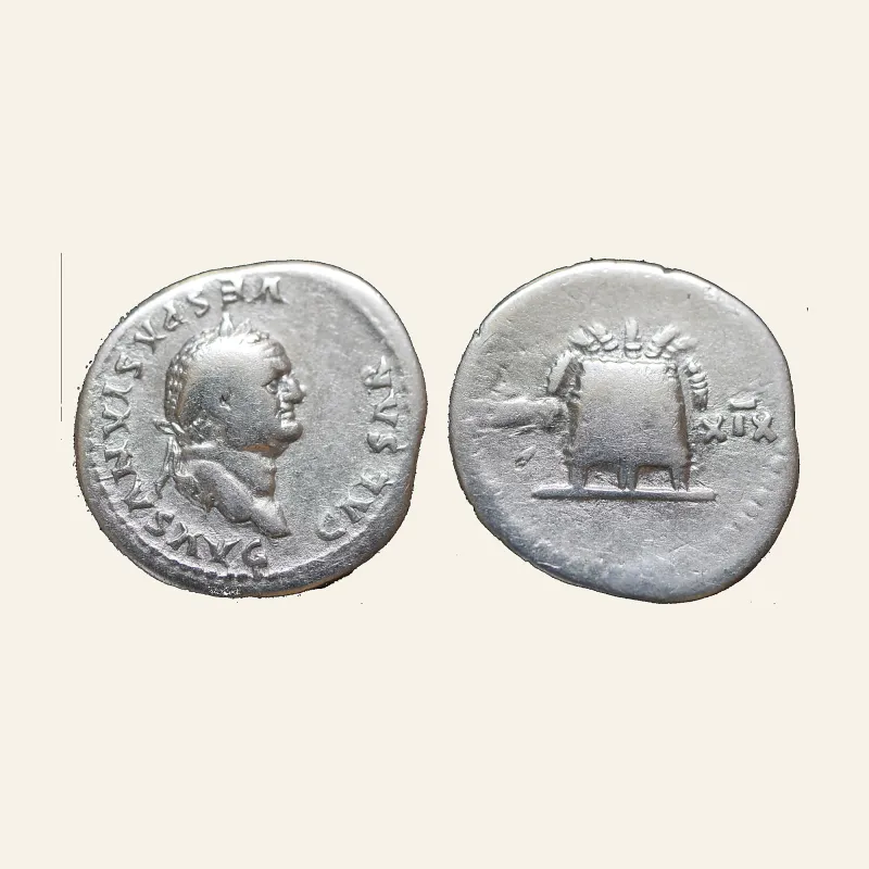Obverse, of the denarius, for Vespasian. 69-79 AD. Denarius, AR 2.90g. Rome, 78-9 AD., mint of Rome, 79 AD