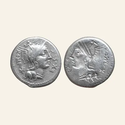 Avers, du denarius, pour Sergius. M. Sergius Silus. Brockage AR Denarius. Rome 116-115 BC., atelier de Rome, 115 BC, RIC...