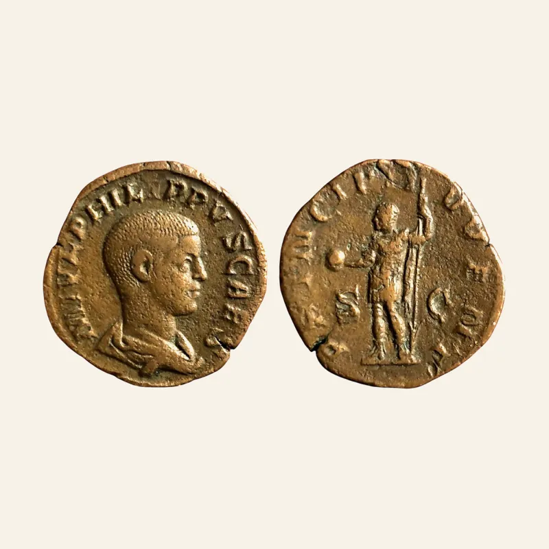 Obverse, of the sestertius, for PHILIP II. as Caesar, 244-247 AD. Æ Sestertius (17.72 gm, 29mm)., 247 AD