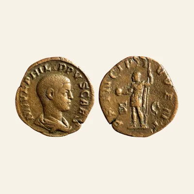 Reverse, of the sestertius, for PHILIP II. as Caesar, 244-247 AD. Æ Sestertius (17.72 gm, 29mm)., 247 AD