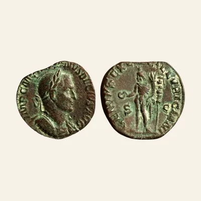 Reverse, of the sestertius, for Trajan Decius Æ Sestertius. Rome, AD 249-251., mint of Rome, 249-251