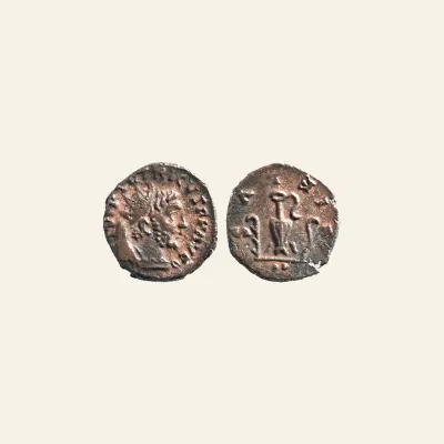 Reverse, of the antoninianus, for Unofficial imitation of Tetricus I antoninianus pontificate implements.