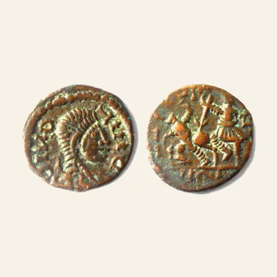Contemporary imitation of a Fel Temp falling horseman coin. AE 13mm ; 1.47 g.