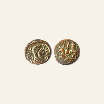 Contemporary imitation of a Fel Temp falling horseman coin. AE 13mm ; 1.47 g.