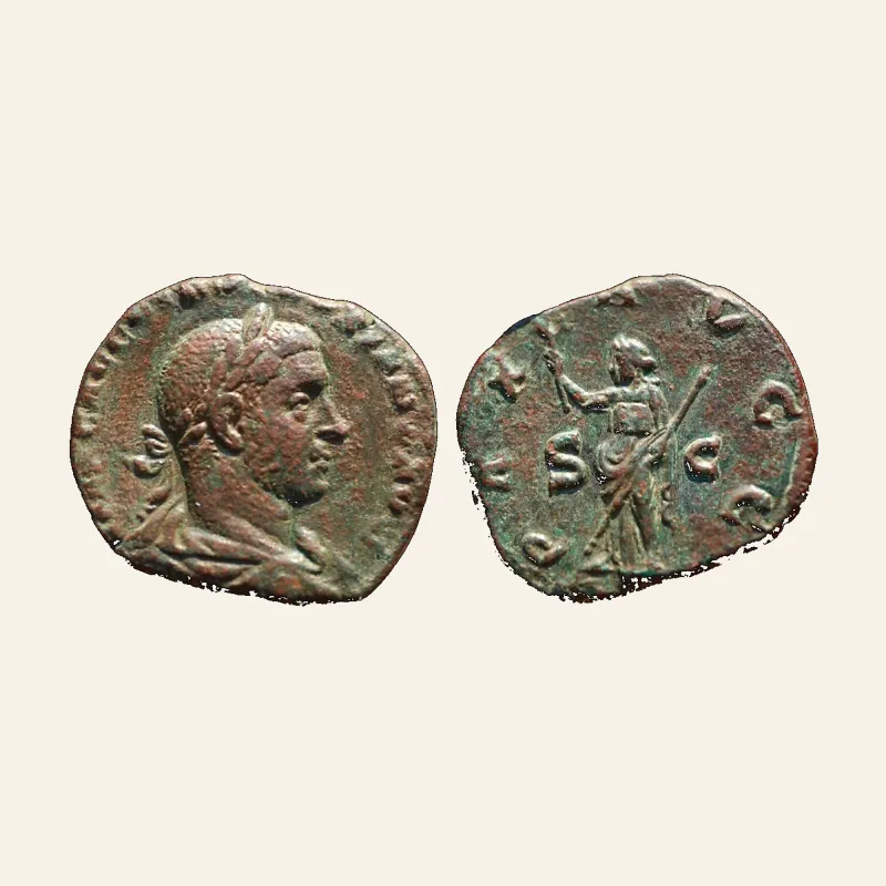 Obverse, of the sestertius, for Volusian (251-253), Sestertius, Rome, AD 251-253; Æ (g 16,26; mm 27.5), mint of Rome, 251-253