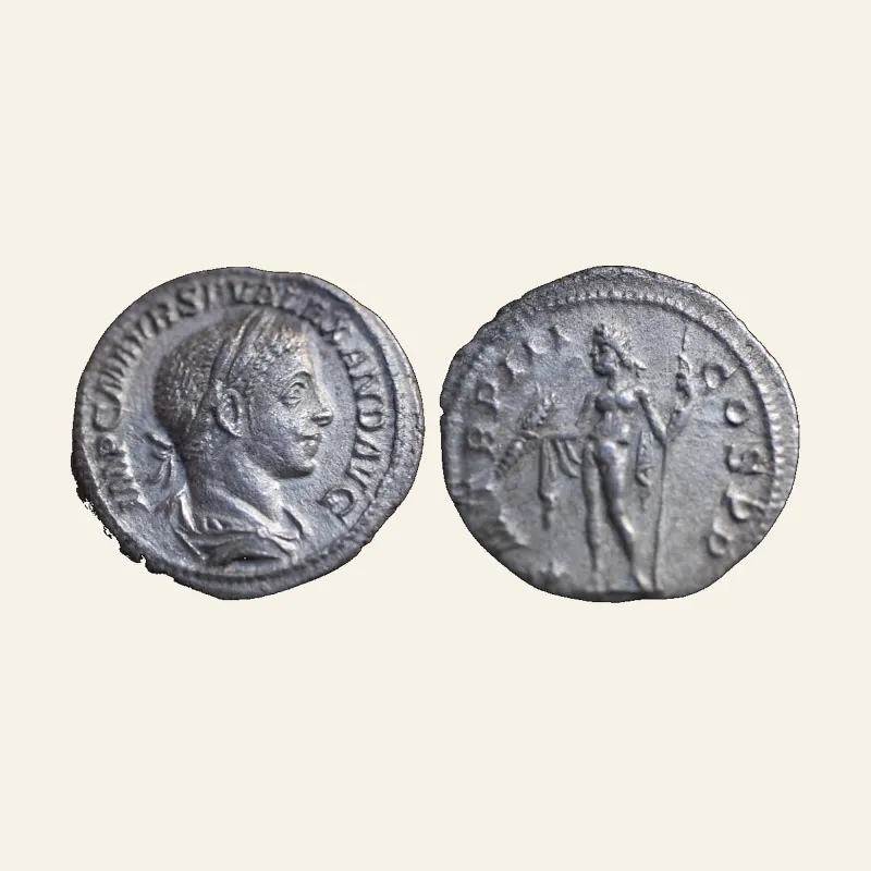 Obverse, of the denarius, for Severus Alexander, 222-235. Denarius (Silver, 18 mm, 2.42 g,), Rome, 224., mint of Rome...