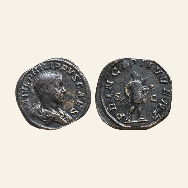 Obverse, of the sestertius, for Philip II, as Caesar (Philip I, 244-249), AE Sestertius, Rome, AD 244-246, mint of Rome...
