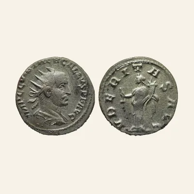 Obverse, of the antoninianus, for Trebonianus Gallus, 251-253. Antoninianus (Silver, 19 mm, 3.81 g,), Antiochia, 251-252....
