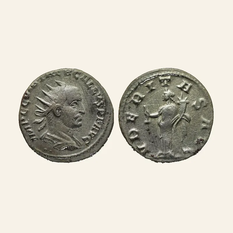 Obverse, of the antoninianus, for Trebonianus Gallus, 251-253. Antoninianus (Silver, 19 mm, 3.81 g,), Antiochia, 251-252....